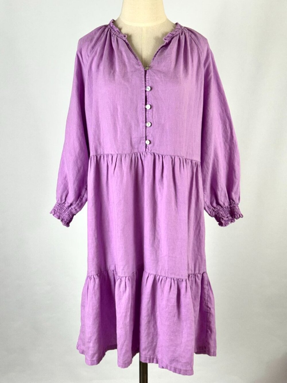 J Jill Love Linen Orchid Purple Tiered Popover Dress Peasant Prairie Relaxed Fit